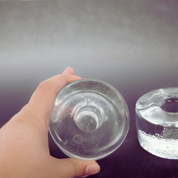 Vintage Mid-Century Modern Ice Block Clear Glass Candle Holders - Picture 2 of 3